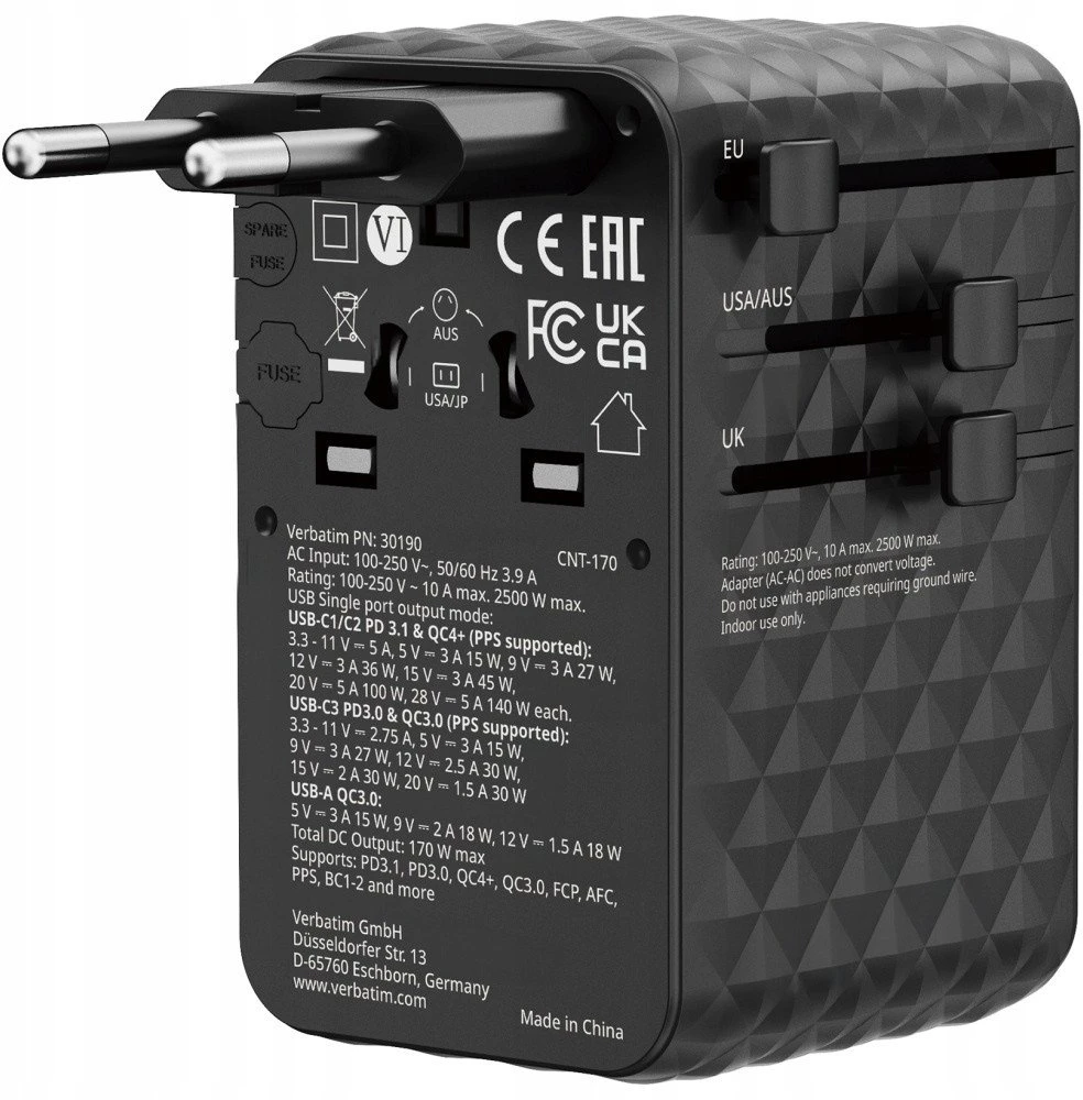 Verbatim Adapteris kelioninis EU/UK/US GaN 2xUSB-A/3xUSB-C PD 170W juodos spalvos 30190