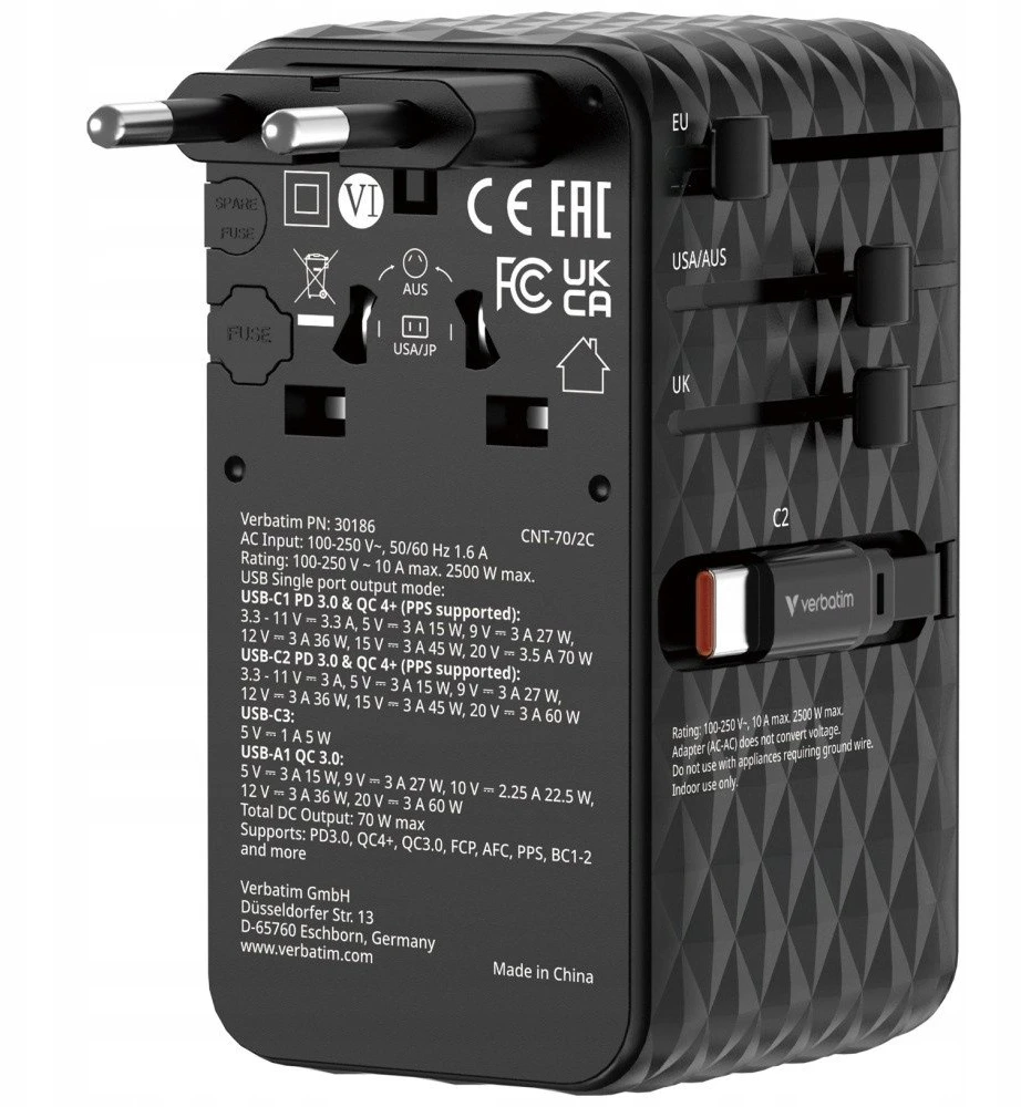Verbatim kelioninis įkroviklis EU/UK/US GaN 1xUSB-C/1xUSB-A/2xUSB-C PD 70W juodos spalvos 30186