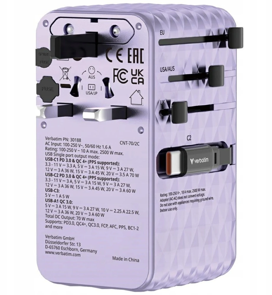 Verbatim Travel Adapteris EU/UK/US GaN 1xUSB-C/1xUSB-A/2xUSB-C PD 70W violetinė 30188