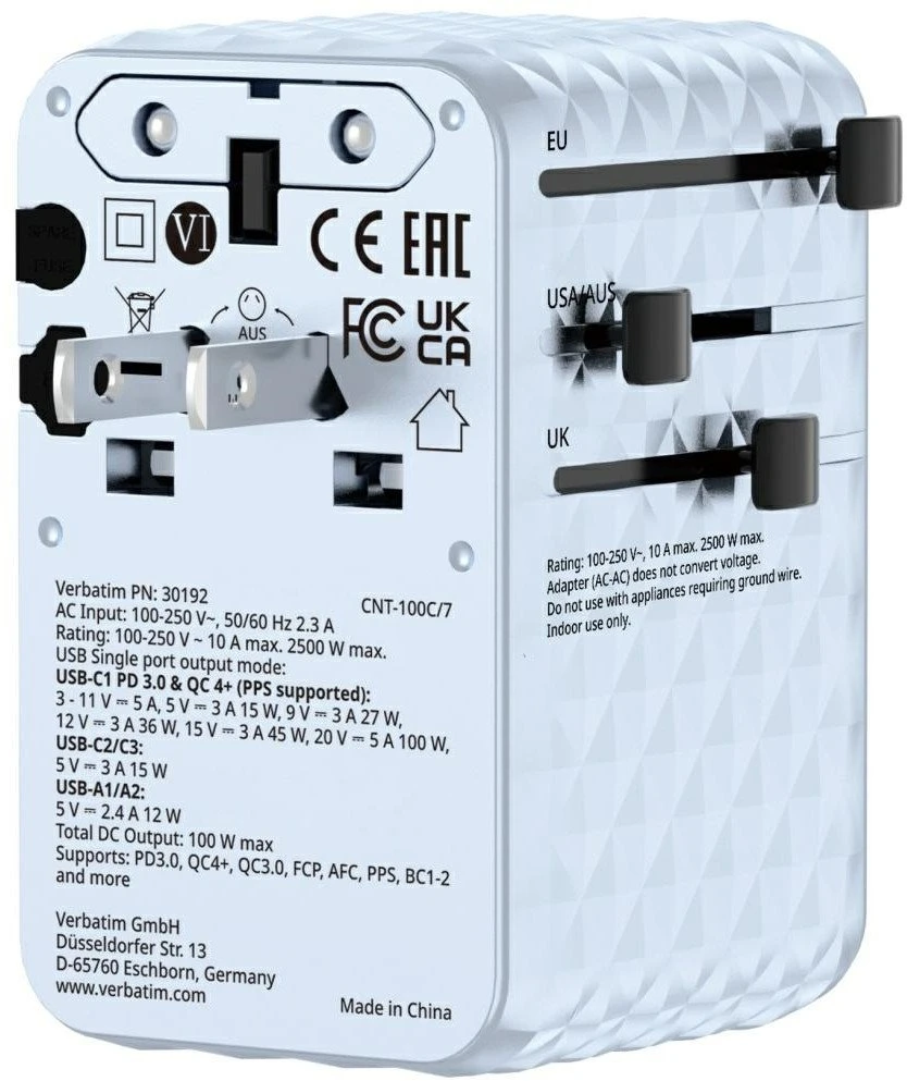 Verbatim kelioninis įkroviklis EU/UK/US GaN 2xUSB-C/2xUSB-A/1xUSB-C PD 100W mėlynos spalvos 30192