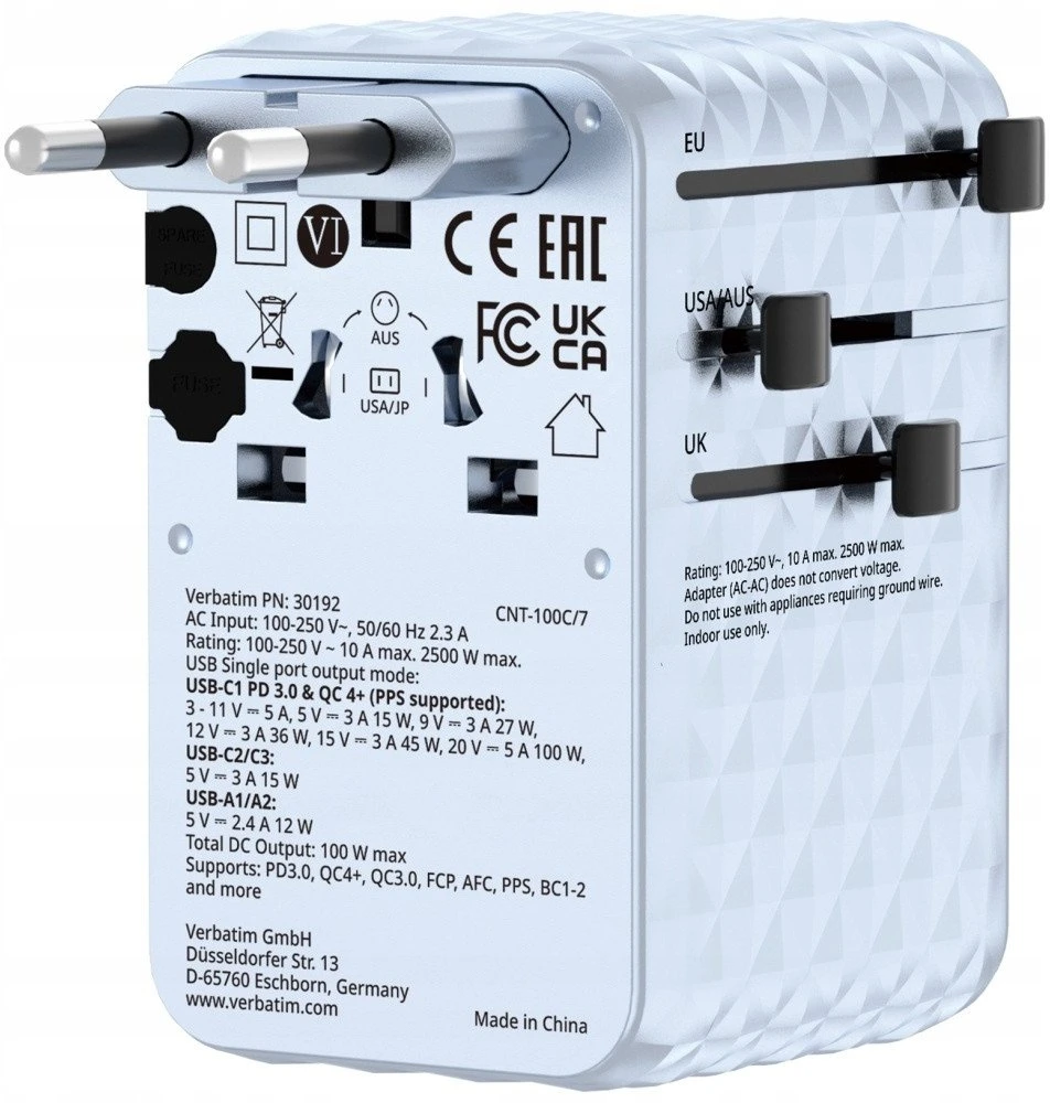 Verbatim kelioninis įkroviklis EU/UK/US GaN 2xUSB-C/2xUSB-A/1xUSB-C PD 100W mėlynos spalvos 30192