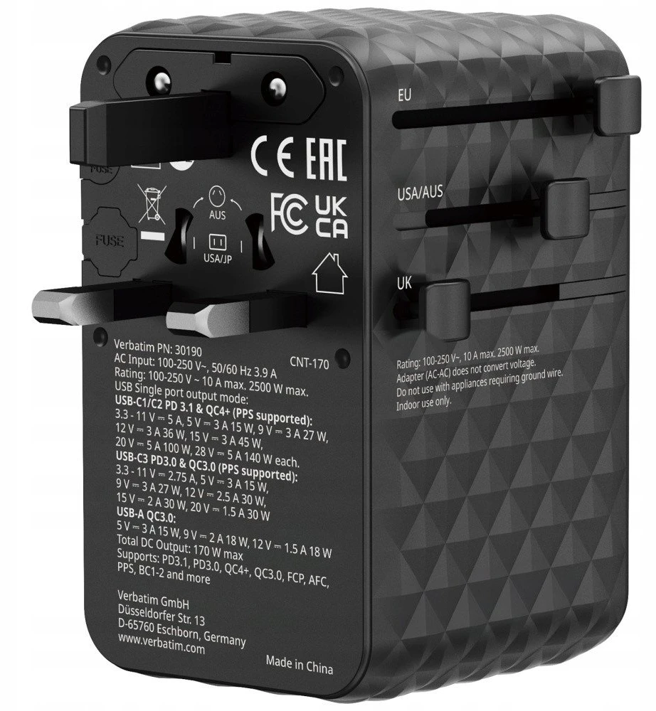 Verbatim Adapteris kelioninis EU/UK/US GaN 2xUSB-A/3xUSB-C PD 170W juodos spalvos 30190