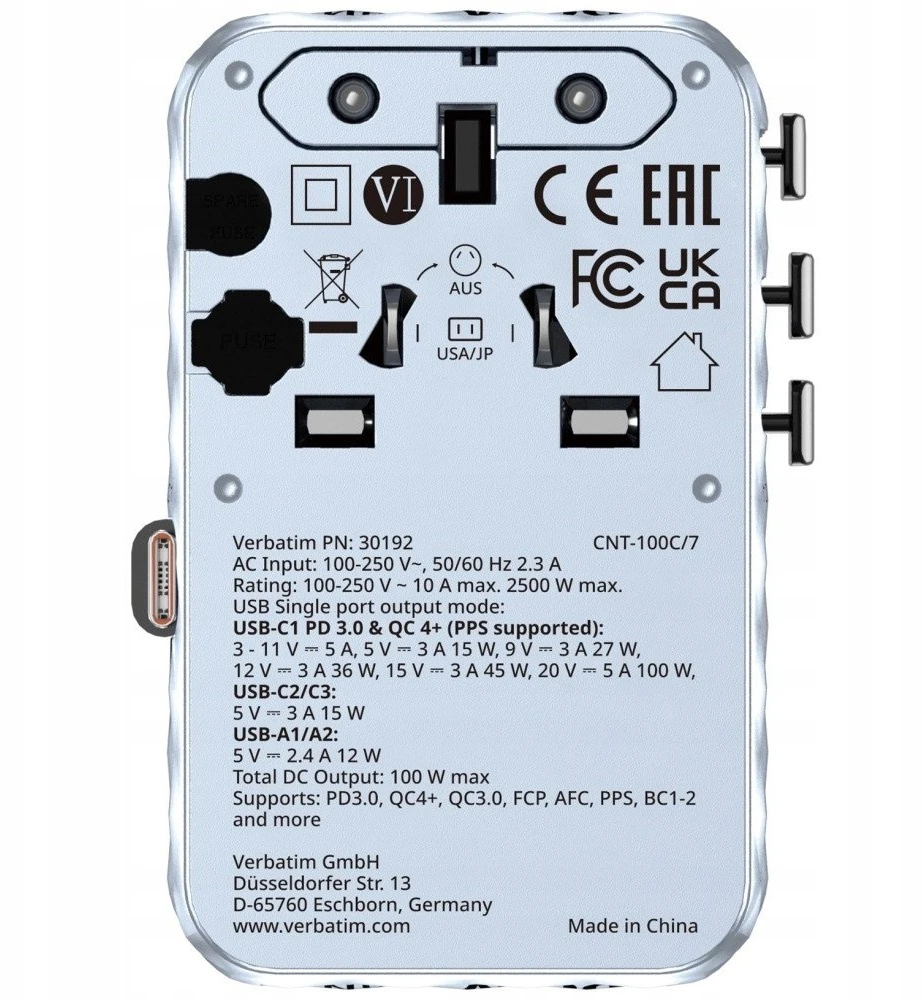 Verbatim kelioninis įkroviklis EU/UK/US GaN 2xUSB-C/2xUSB-A/1xUSB-C PD 100W mėlynos spalvos 30192
