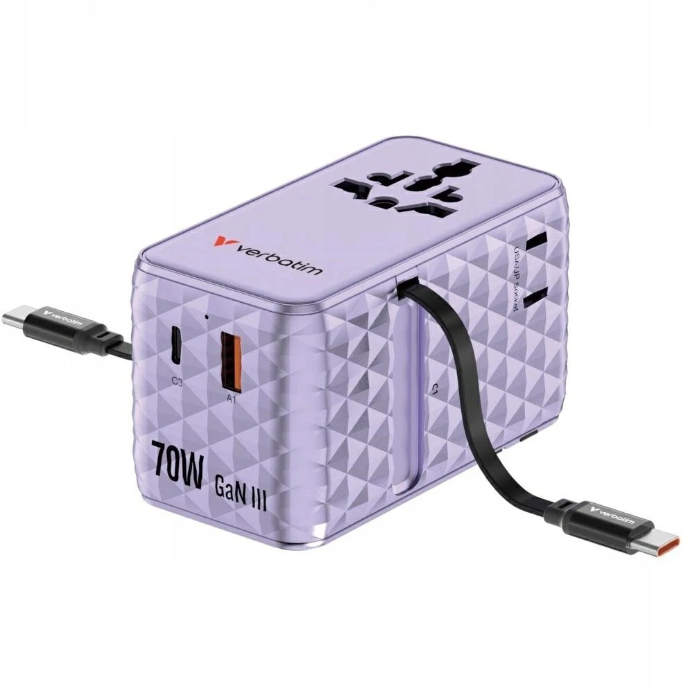 Verbatim Travel Adapteris EU/UK/US GaN 1xUSB-C/1xUSB-A/2xUSB-C PD 70W violetinė 30188