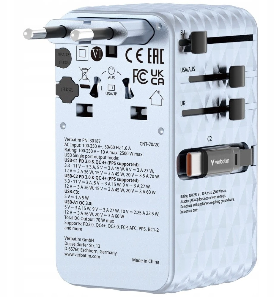 Verbatim kelioninis įkroviklis EU/UK/US GaN 1xUSB-C/1xUSB-A/2xUSB-C PD 70W mėlynos spalvos 30187