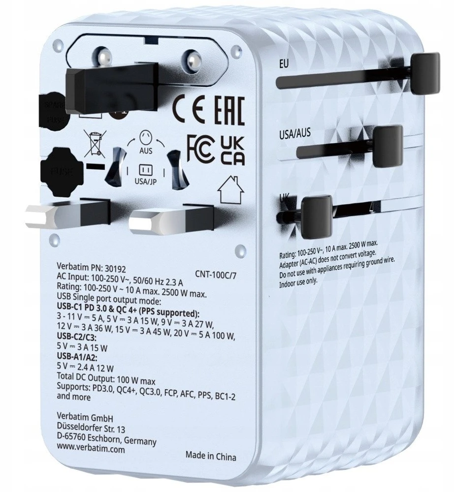 Verbatim kelioninis įkroviklis EU/UK/US GaN 2xUSB-C/2xUSB-A/1xUSB-C PD 100W mėlynos spalvos 30192