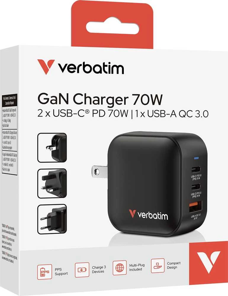 Laidinis įkroviklis Verbatim Mini GaN 70W 2xUSB-C PD/1x USB-A QC juodos spalvos 32229