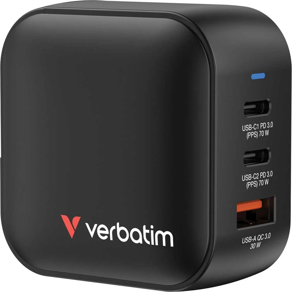 Laidinis įkroviklis Verbatim Mini GaN 70W 2xUSB-C PD/1x USB-A QC juodos spalvos 32229