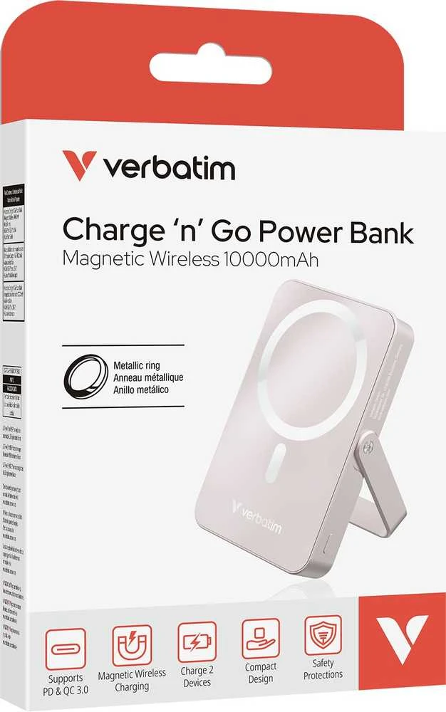 Verbatim Charge ‘n’ Go magnetinis belaidis įkroviklis su stovu, 10000mAh, Rožinė