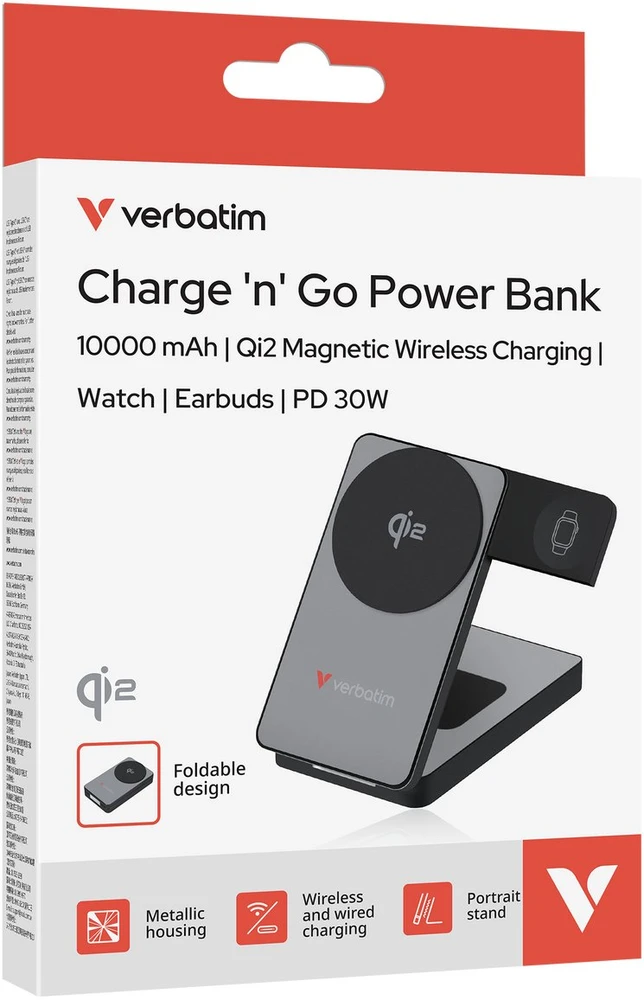 „Verbatim Charge ‘n’ Go Qi2 3-in-1“ magnetinė belaidė išorinė baterija, 10000 mAh, USB-C, Pilkas