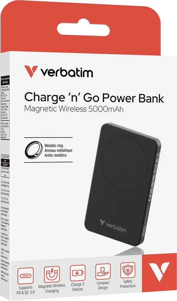 „Verbatim Charge ‘n’ Go Essentials“ magnetinė belaidė išorinė baterija, 5000 mAh, Juodas