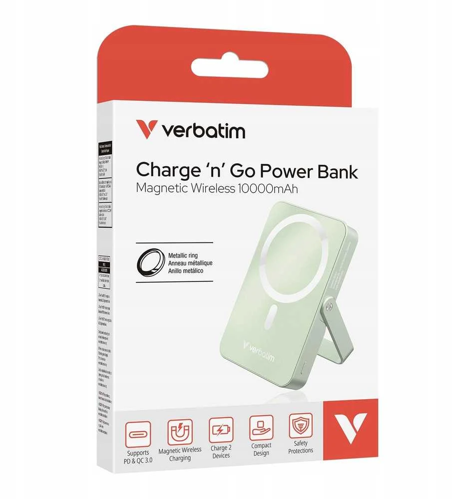 Verbatim Charge ‘n’ Go magnetinis belaidis išorinis akumuliatorius su stovu, 10000mAh, Žalias