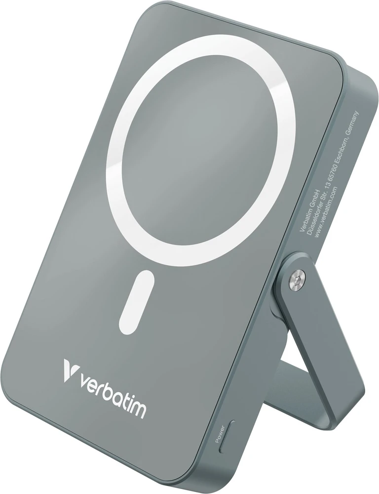 „Verbatim Charge ‘n’ Go“ magnetinė belaidė įkrovioji baterija su stovu, 10000 mAh, pilka
