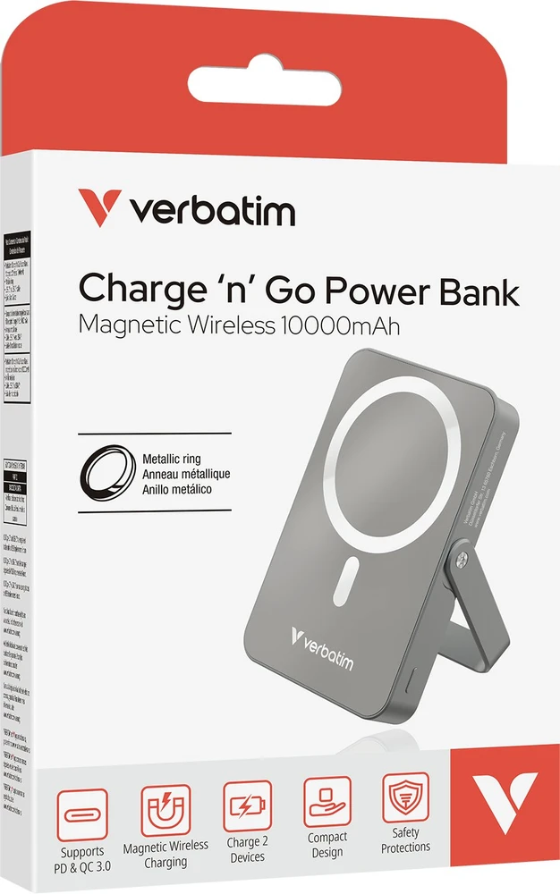„Verbatim Charge ‘n’ Go“ magnetinė belaidė įkrovioji baterija su stovu, 10000 mAh, pilka