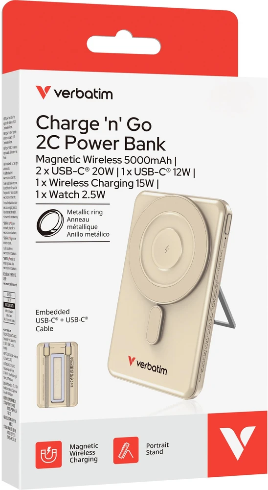„Verbatim Charge ’n’ Go 2C“ magnetinis belaidis išorinis akumuliatorius su stovu, 5000 mAh, 2 × USB-C, auksinės spalvos