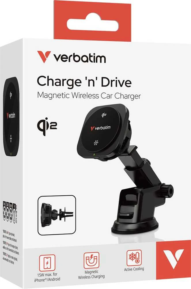„Verbatim CND-02“ magnetinis belaidis automobilinis įkroviklis, įkrovimo stotelė, Qi2, juodas