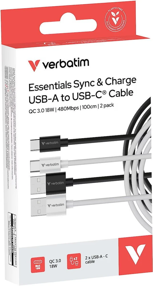 Verbatim Sync & Charge USB-C į A essentials 18W laidas, juodos spalvos / baltos spalvos, 2 vnt. 32393