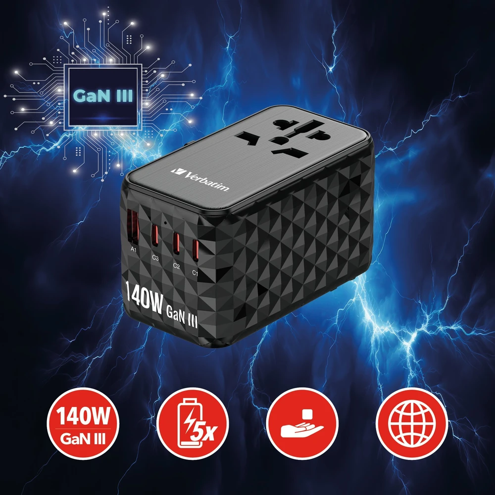Verbatim kelioninis adapteris EU/UK/US GaN USB-A/3xUSB-C PD 140W UTA-10 juodas 32125