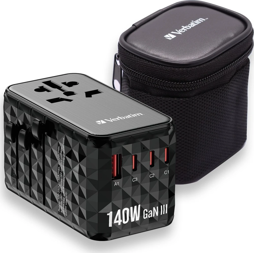 Verbatim kelioninis adapteris EU/UK/US GaN USB-A/3xUSB-C PD 140W UTA-10 juodas 32125