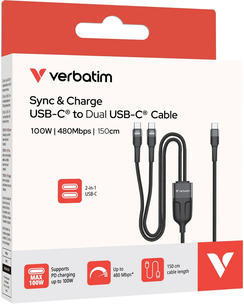 Verbatim kabelis USB-C į dvigubą USB-C - 100W, 1,5 m, juodas, dėžutė, 30279