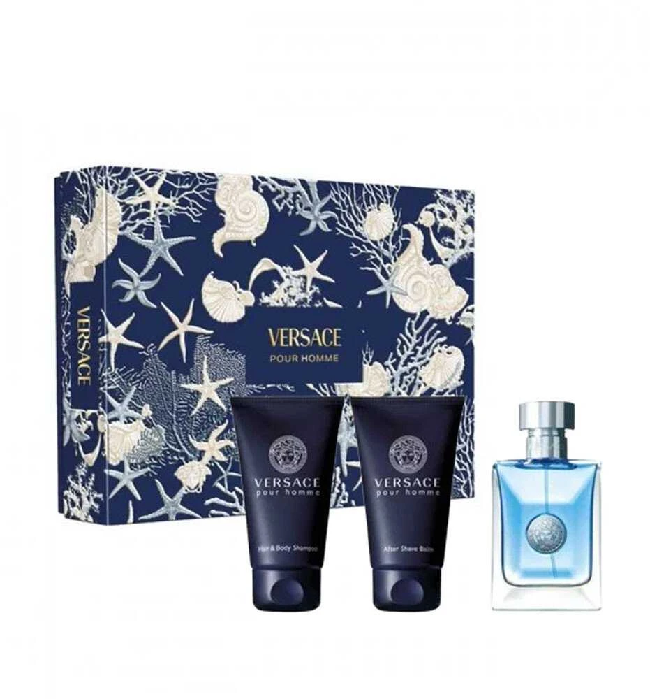 Versace rinkinys: Pour Homme tualetinis vanduo vyrams, 50 ml + Pour Homme balzamas po skutimosi, 50 ml + Pour Homme plaukų ir kūno losjonas visų tipų odai, 50 ml