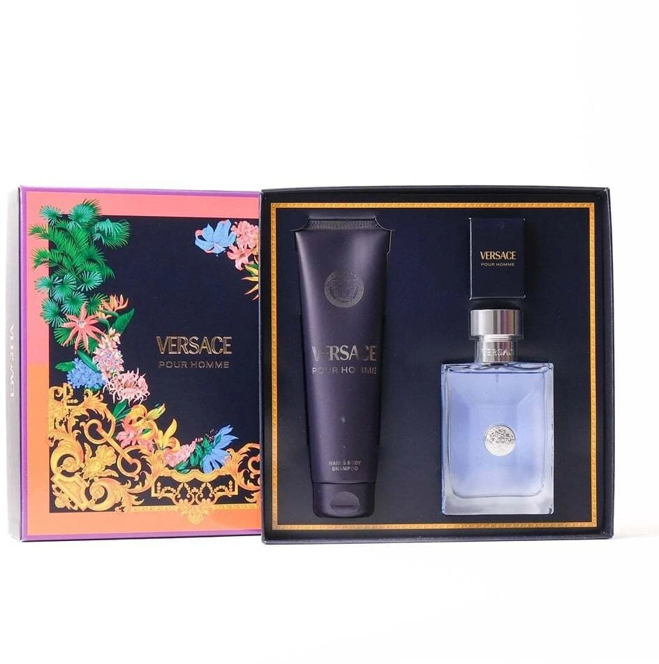 Versace rinkinys: Pour Homme tualetinis vanduo vyrams, 100 ml + Pour Homme dušo želė plaukams ir kūnui visų tipų odai, 150 ml + Pour Homme tualetinis vanduo vyrams, 5 ml *Miniatiūra