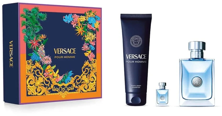 Versace rinkinys: Pour Homme tualetinis vanduo vyrams, 100 ml + Pour Homme dušo želė plaukams ir kūnui visų tipų odai, 150 ml + Pour Homme tualetinis vanduo vyrams, 5 ml *Miniatiūra