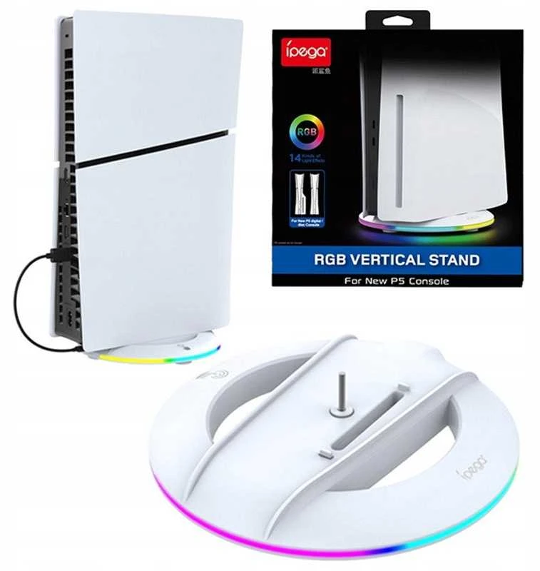 Dėklas „iPega P5S025S“ vertikalus stovas su RGB šviesa, skirtas „PS5 Slim“ / „PS5 Pro Baltas“