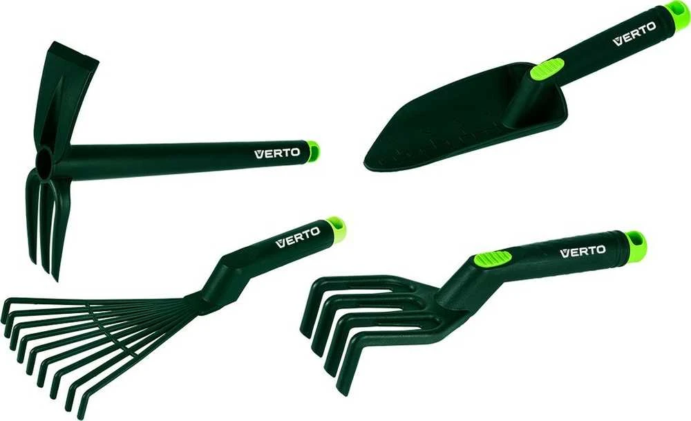 Zestaw Rinkinys 4 plastikinių rankinių įrankių rinkinys (grėbliai, žnyplės, kastuvas, kauptukas/žnyplės)