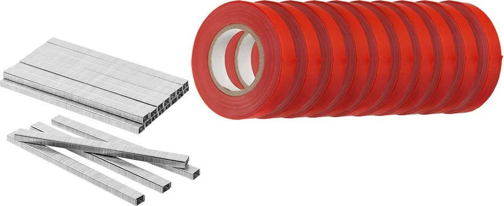 Zestaw Rinkinys Lipnios juostos rinkinys (10 vnt. x 25 m) ir sąsagėlių rinkinys (10 000 vnt.).