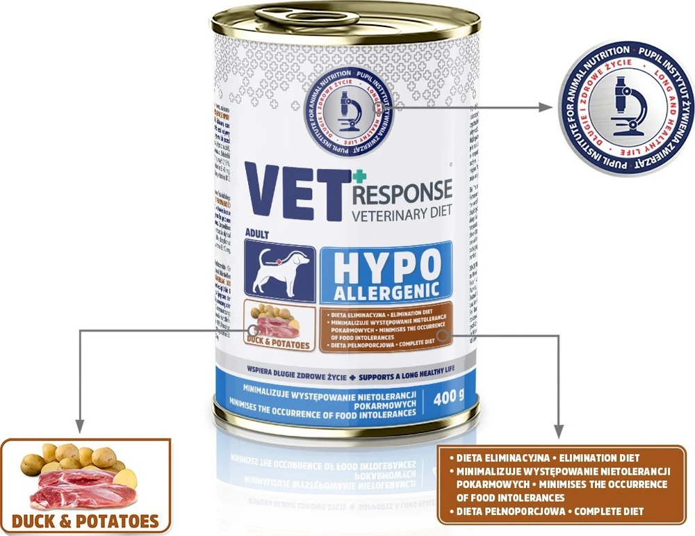 VET RESPONSE Hypoallergenic antiena – drėgnas ėdalas šunims – 400g