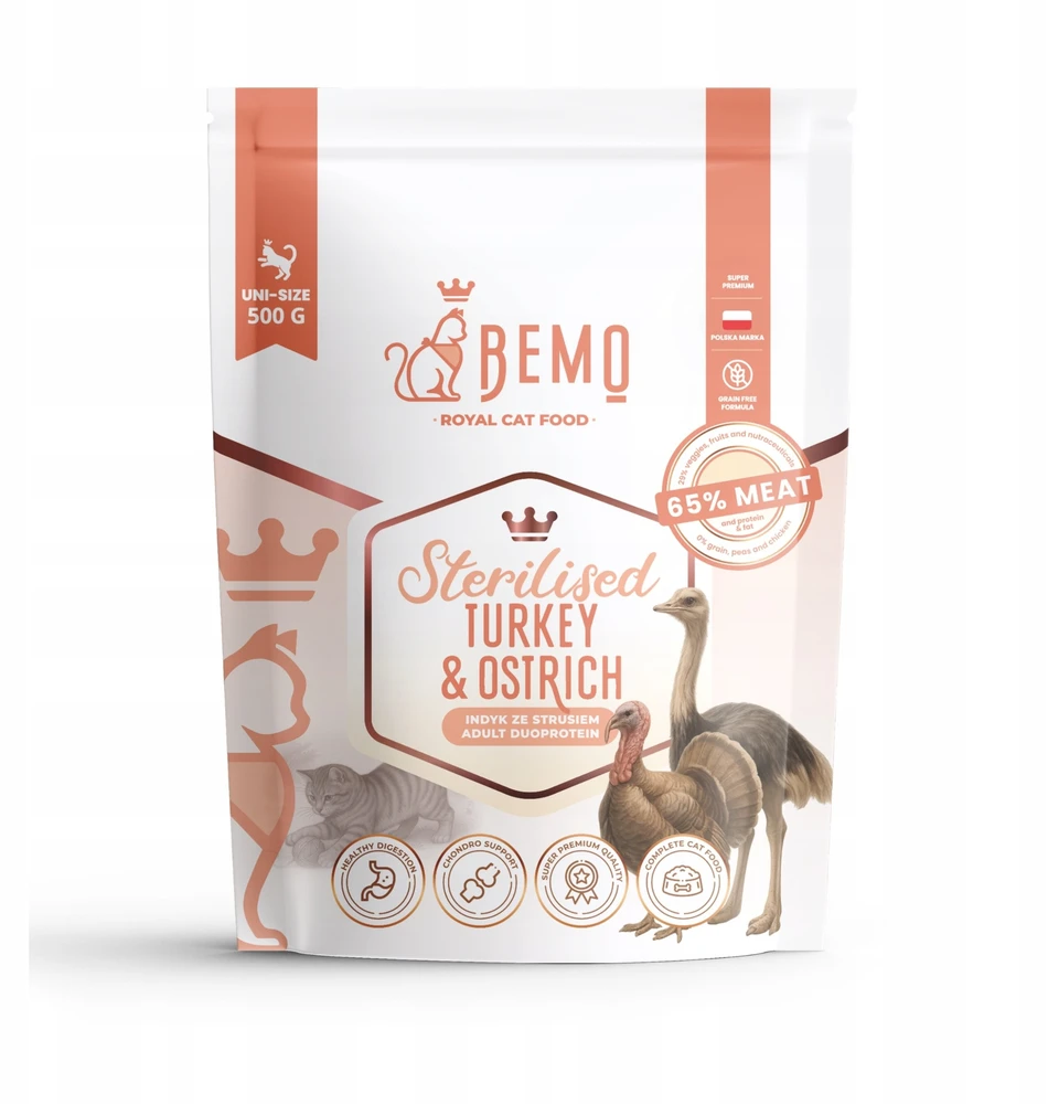 BEMO Cat Sterilised kalakutiena ir strutis – sausa kačių maisto – 500g