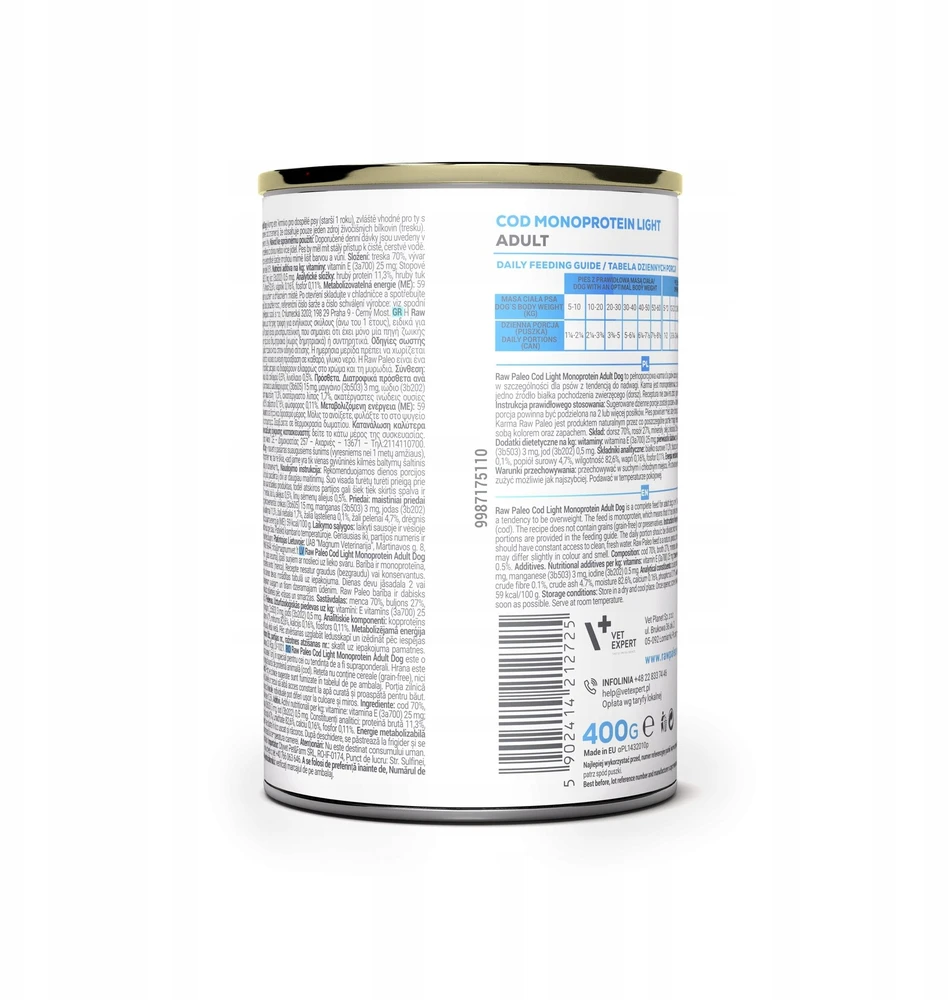 Šunų Maistas - VetExpert Raw Paleo Cod Light Monoprotein Drėgnas 400g