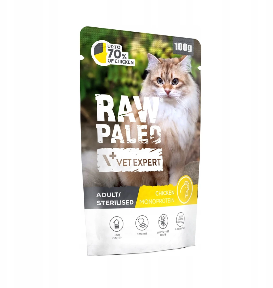 Kačių Maistas - VetExpert Raw Paleo Suaugusių Sterilizuotų Vištienos Drėgnas 100g