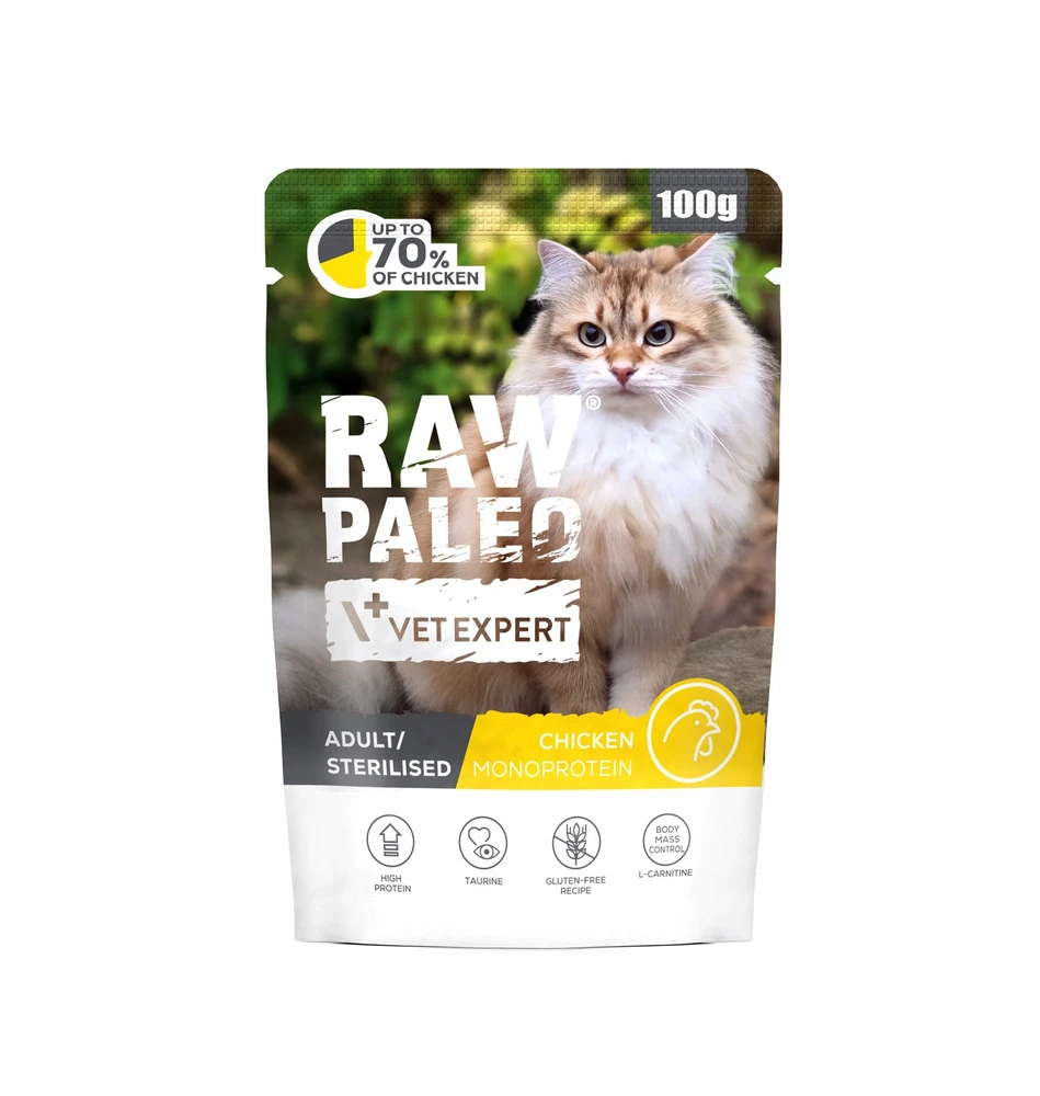Kačių Maistas - VetExpert Raw Paleo Suaugusių Sterilizuotų Vištienos Drėgnas 100g
