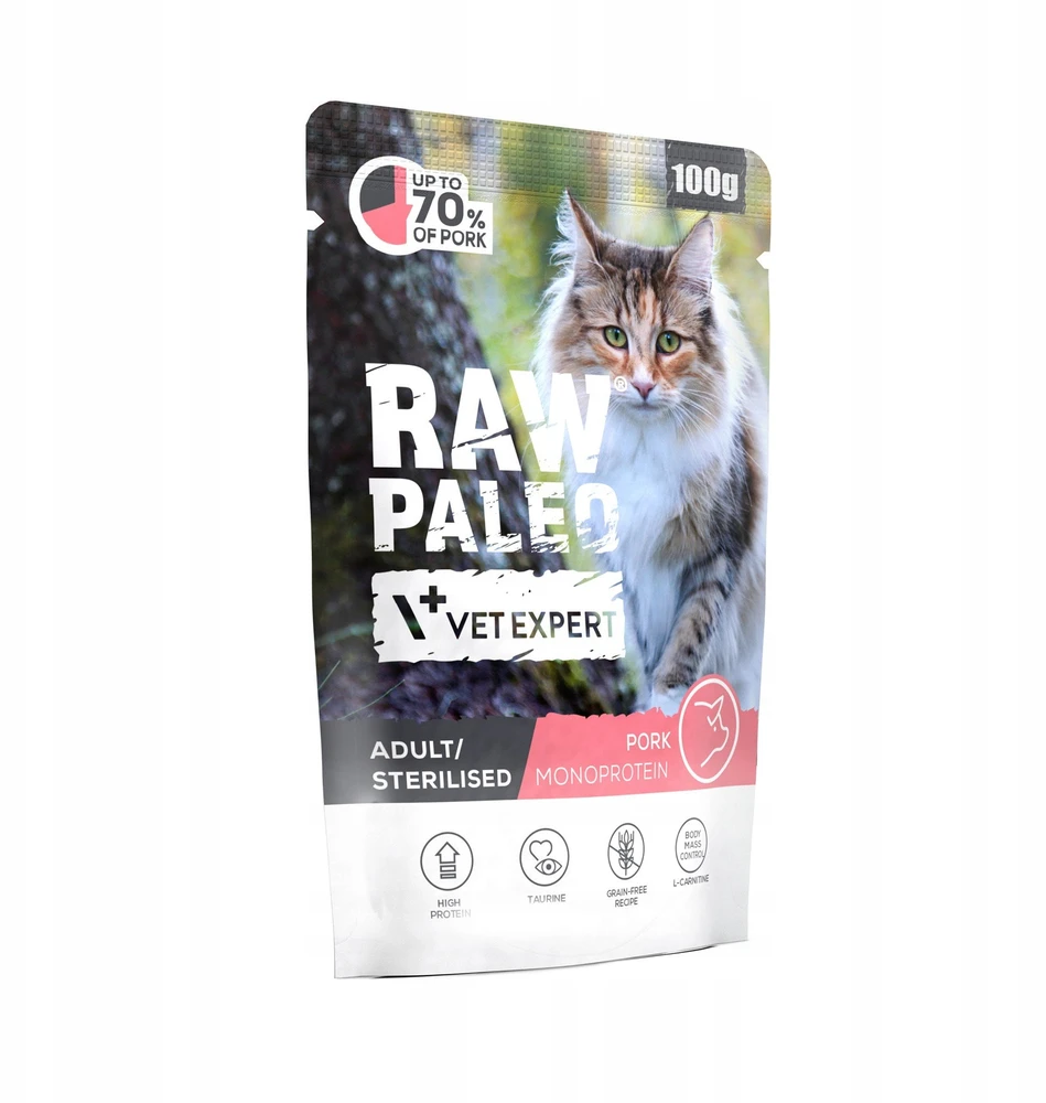 Kačių Maistas - VetExpert Raw Paleo Suaugusiųjų Sterilizuotų Kiaulienos Drėgnas 100g