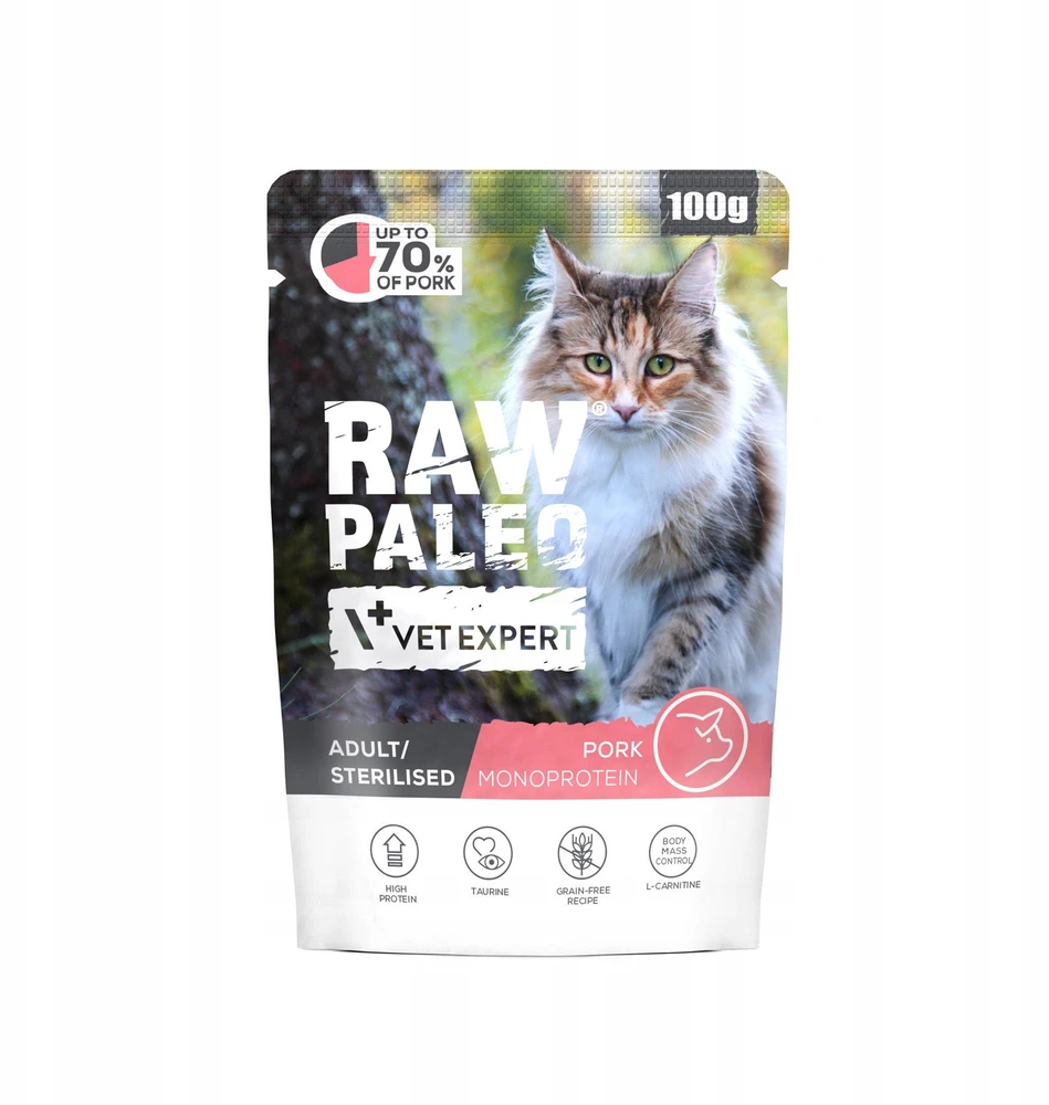 Kačių Maistas - VetExpert Raw Paleo Suaugusiųjų Sterilizuotų Kiaulienos Drėgnas 100g