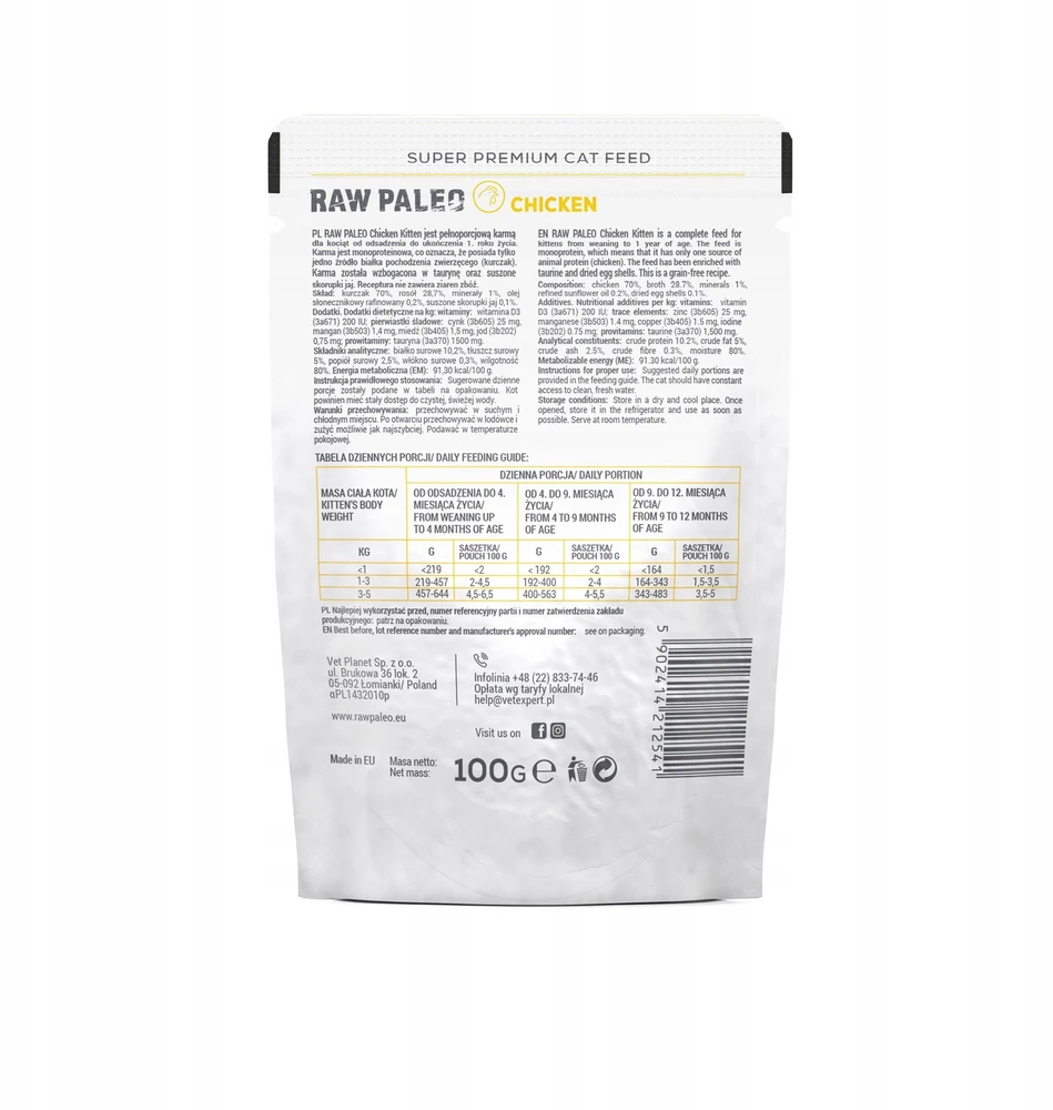 Kačių Maistas - VetExpert Raw Paleo Katinėlis Vištiena 100g Be Grūdų