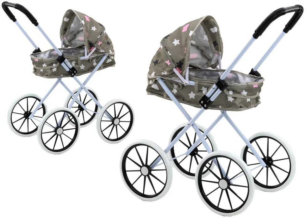 Lean Toys Pilkas lėlių vežimėlis su žvaigždžių motyvu ir dideliais ratais