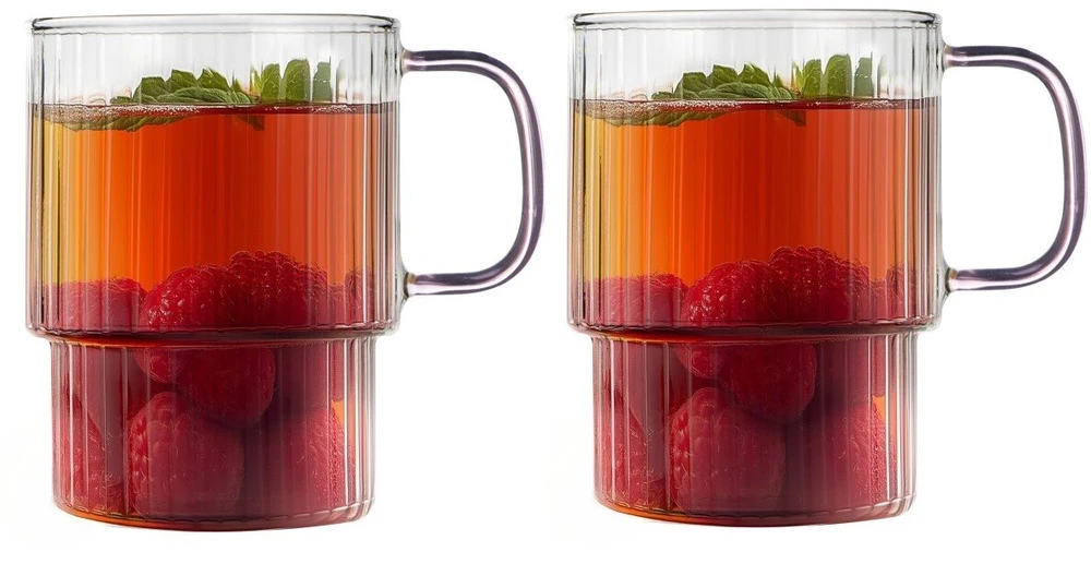 Vialli Design Puodeliai ir stiklinės Du briaunuoti stiklai su rožine rankena 350 ml (1821)