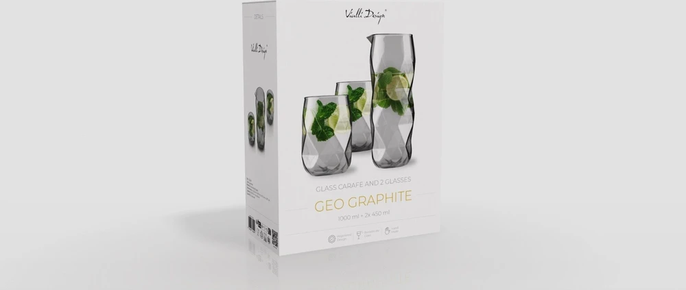 Vialli Design 3 dalių rinkinys – karafa ir 2 stiklinės Geo Graphite (32200)