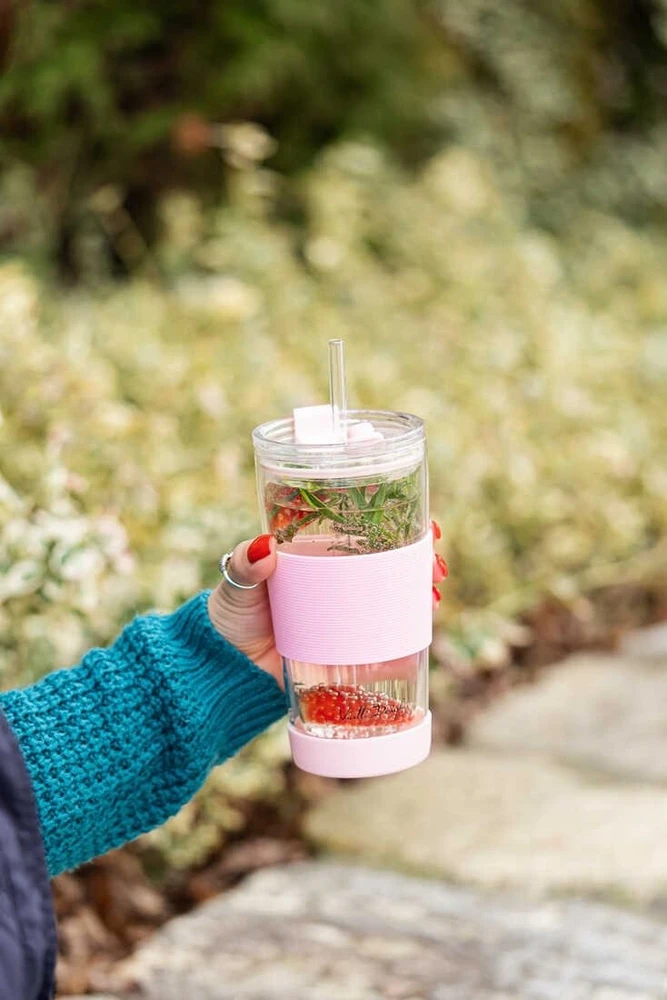 Vialli Design Termo puodelis stiklinis ze słomką 600 ml rožinė Fuori 30411