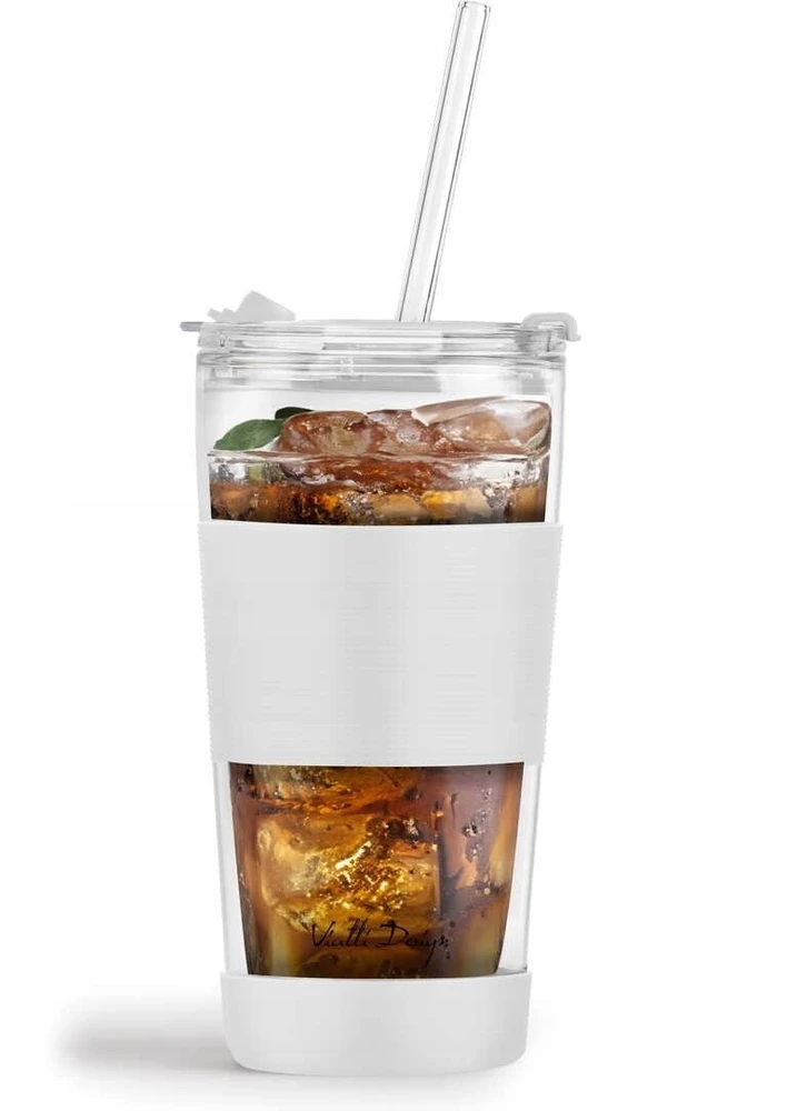 Vialli Design Termo puodelis stiklinis ze słomką 600 ml balta Fuori 30404
