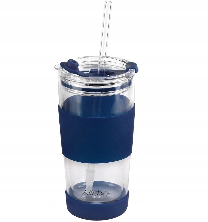 Vialli Design Termo puodelis stiklinis ze słomką 600 ml tamsiai mėlyna 30381