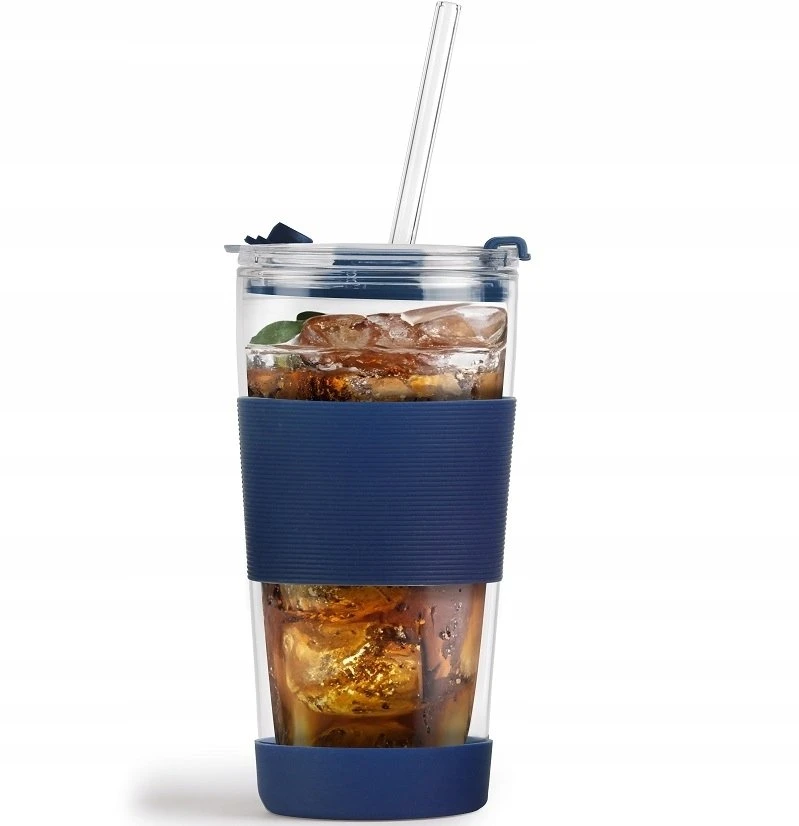 Vialli Design Termo puodelis stiklinis ze słomką 600 ml tamsiai mėlyna 30381