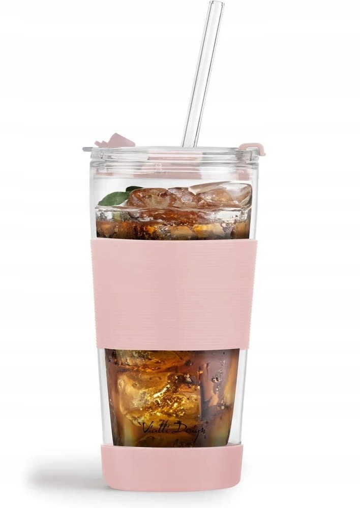 Vialli Design Termo puodelis stiklinis ze słomką 600 ml rožinė Fuori 30411