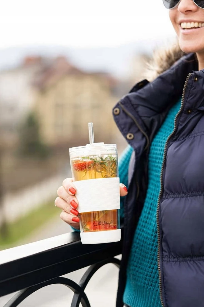 Vialli Design Termo puodelis stiklinis ze słomką 600 ml balta Fuori 30404