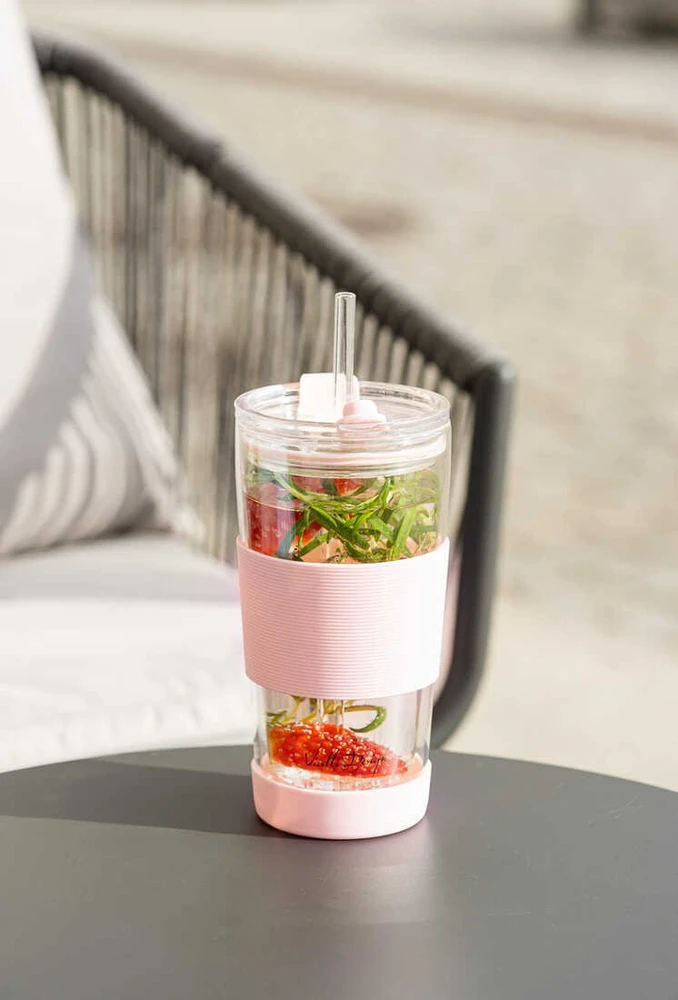 Vialli Design Termo puodelis stiklinis ze słomką 600 ml rožinė Fuori 30411