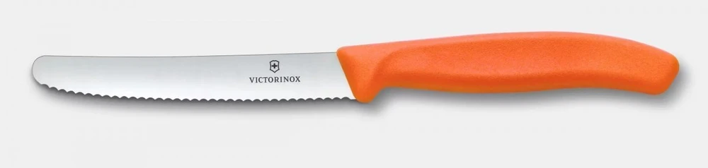 Virtuvinis peilis Victorinox Swiss Classic 6.7839.C1 dantytas, suapvalintu galiuku, oranžinis