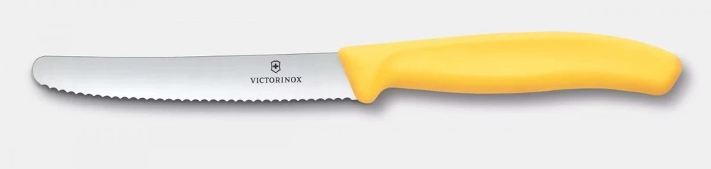 Virtuvinis peilis Victorinox Swiss Classic 6.7838.C1 dantytais ašmenimis, su užapvalintu galiuku, geltonas